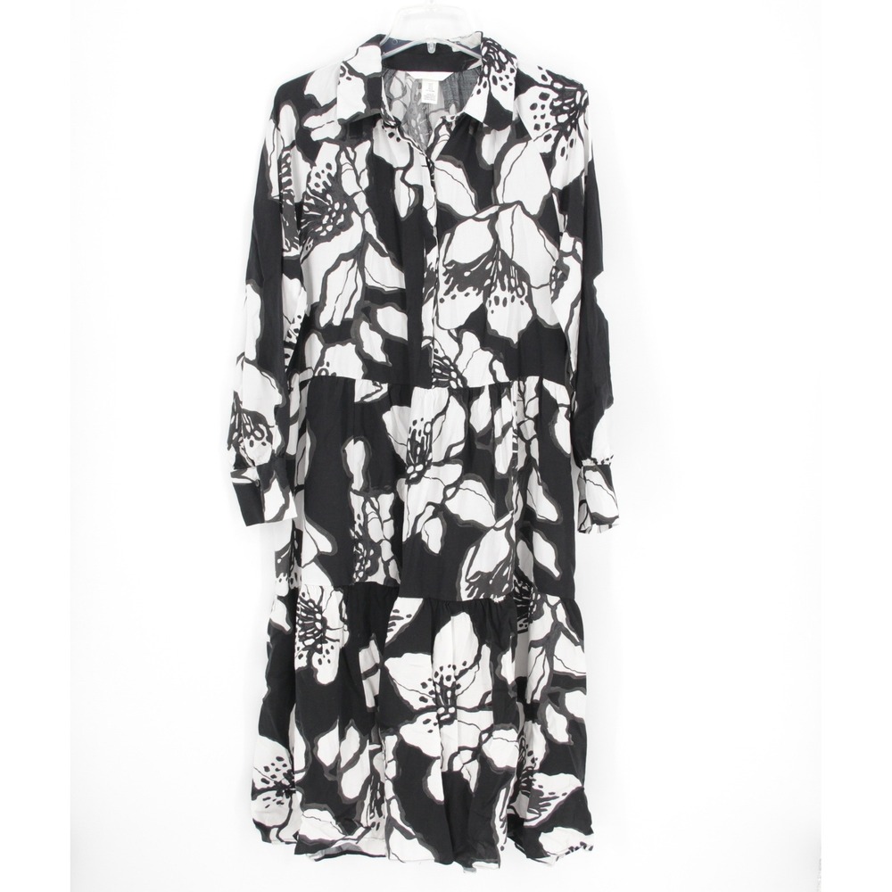 H&M Women's Black Floral Long Sleeve Tiered Shirt Midi Dress Size Medium
